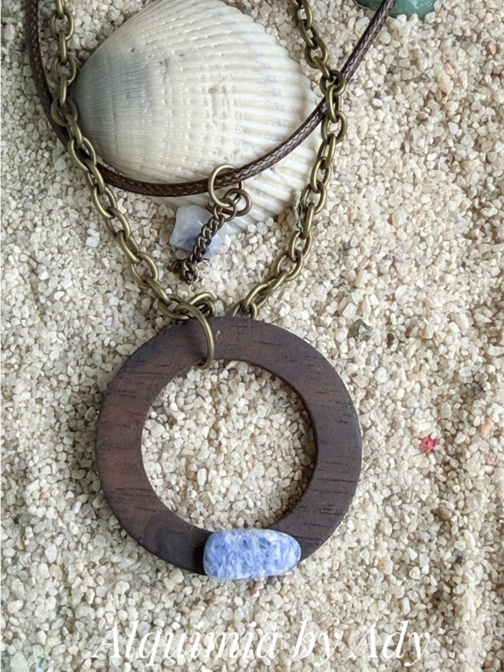 LAYERED LAPIS LAZULI Brown Wood Circle Necklace with Light Blue Stone